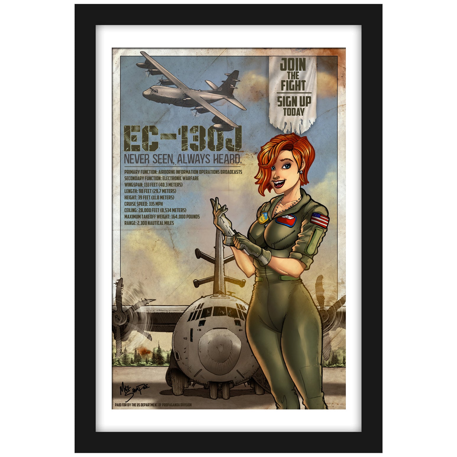 EC-130J - "Never Seen, Always Heard" - Vintage Print Pinup & Airplane Art by Mike Shampine - Signed and Numbered