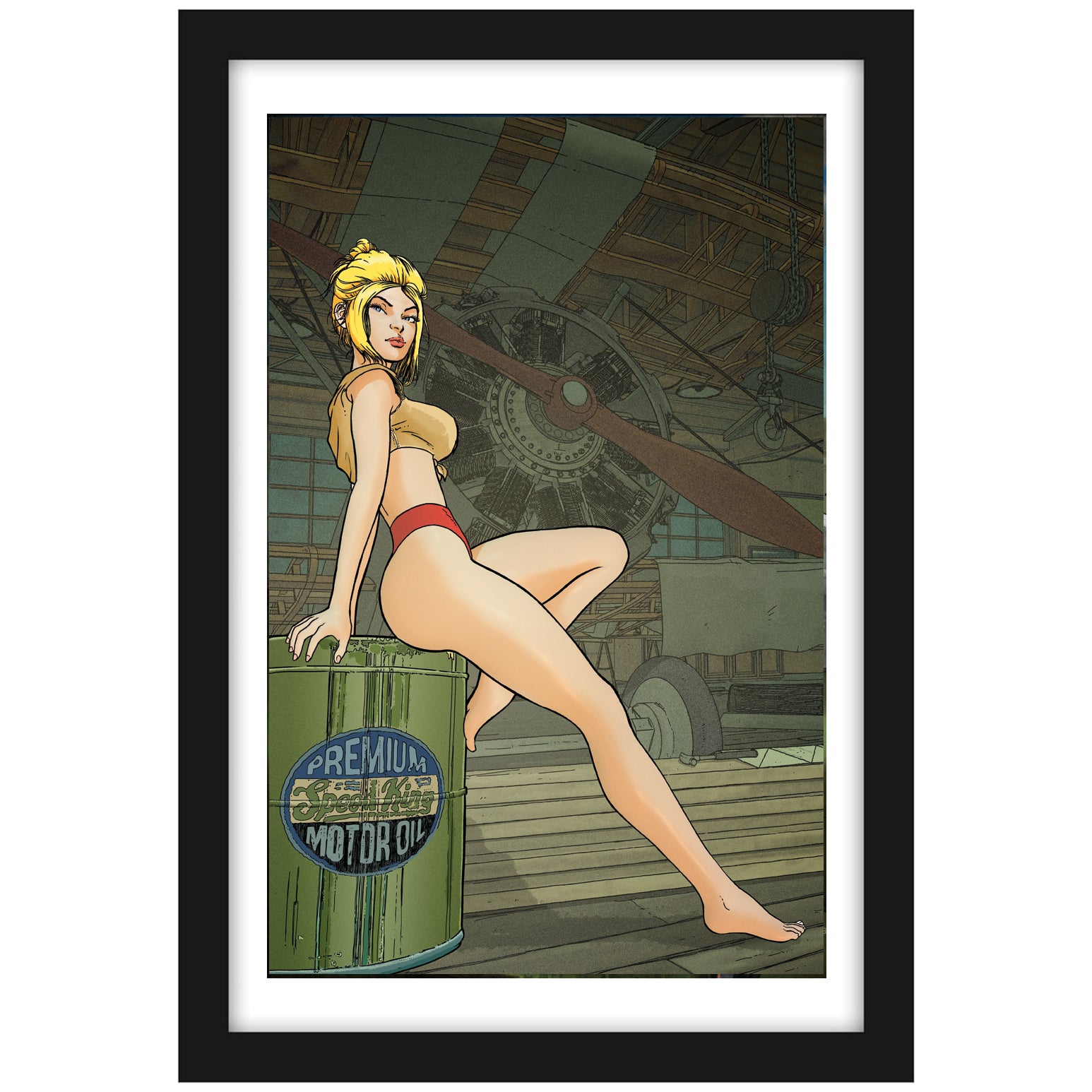 Speed King Hangar Art - Vintage Print Pinup & Airplane Art by Diego Guerra - Limited Numbered Edition
