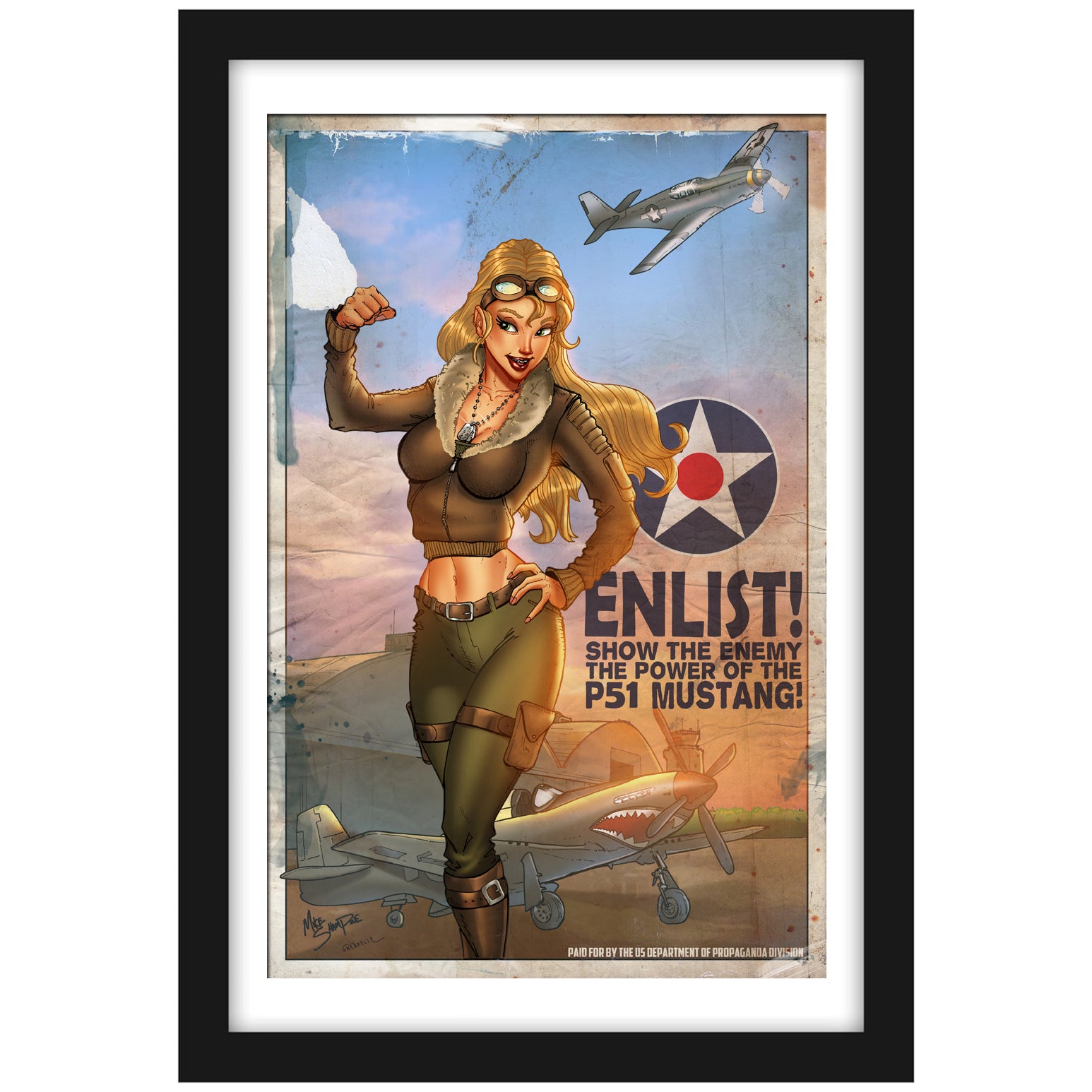 P-51 "Mustang" - Vintage Print Pinup & Airplane Art by Mike Shampine - Signed and Numbered