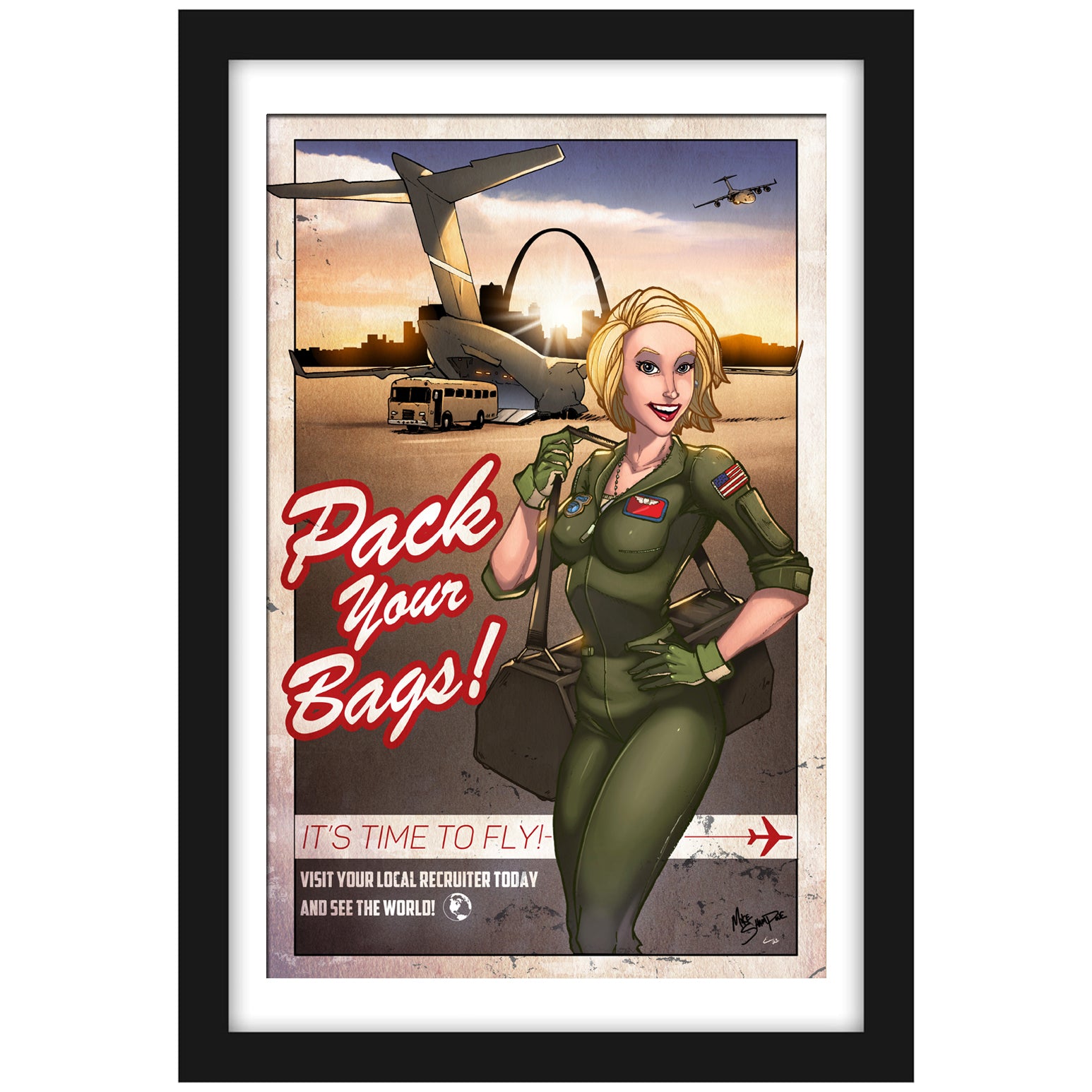C-17 "Pack Your Bags" - Vintage Print Pinup & Airplane Art by Mike Shampine - Signed and Numbered