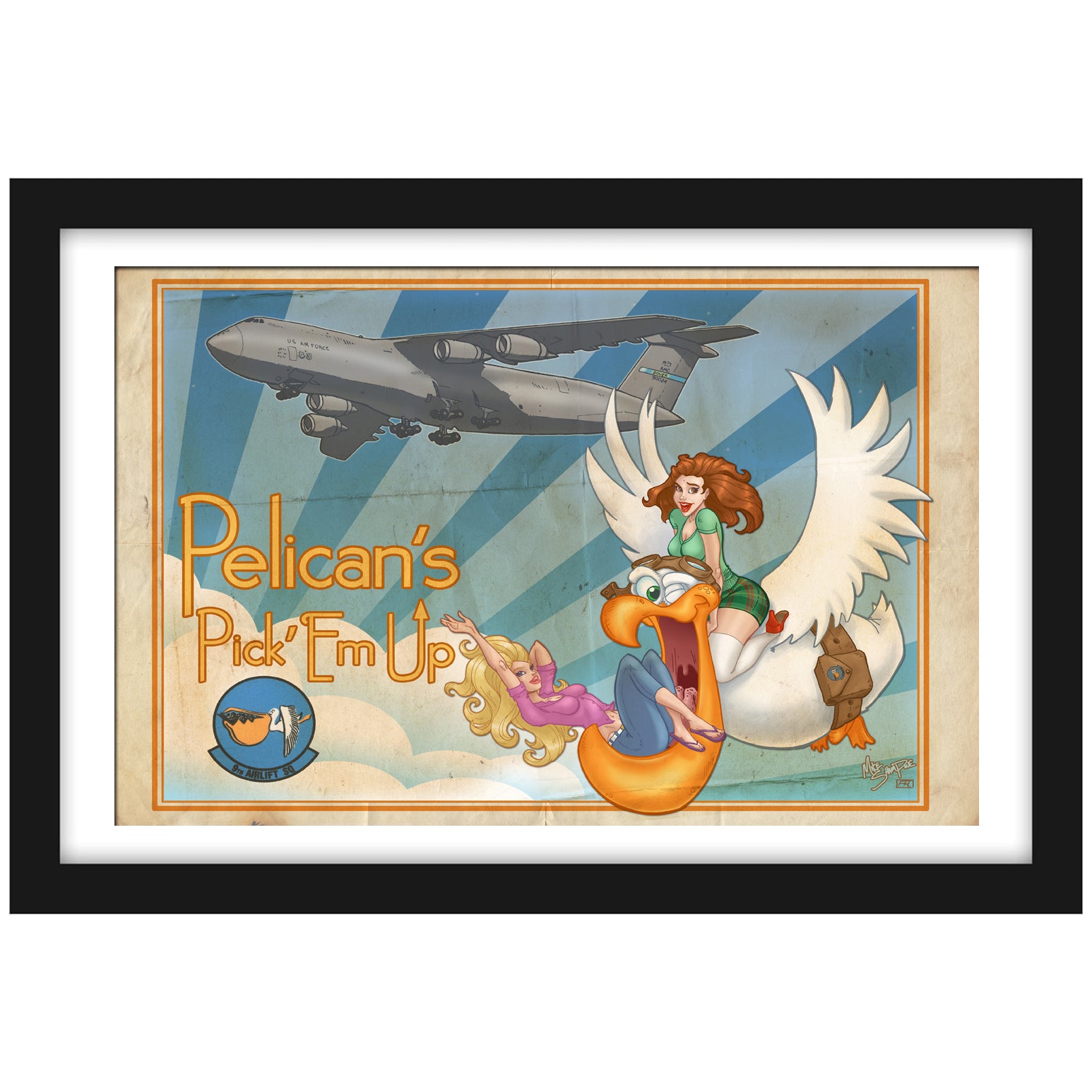C-5 "Pelicans Pick 'Em Up"- Vintage Print Pinup & Airplane Art by Mike Shampine - Signed and Numbered