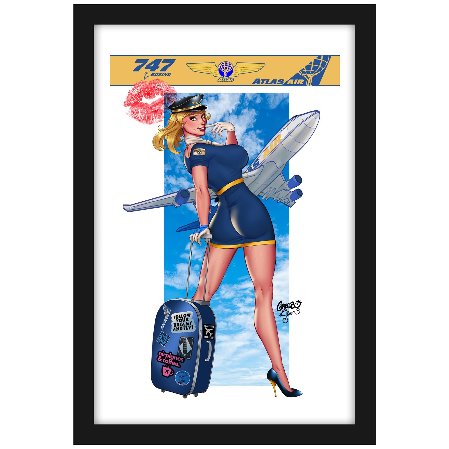 "747 - Atlas Air" Artwork - Vintage Print Pinup & Airplane Art by Gregbo - Limited Numbered Edition